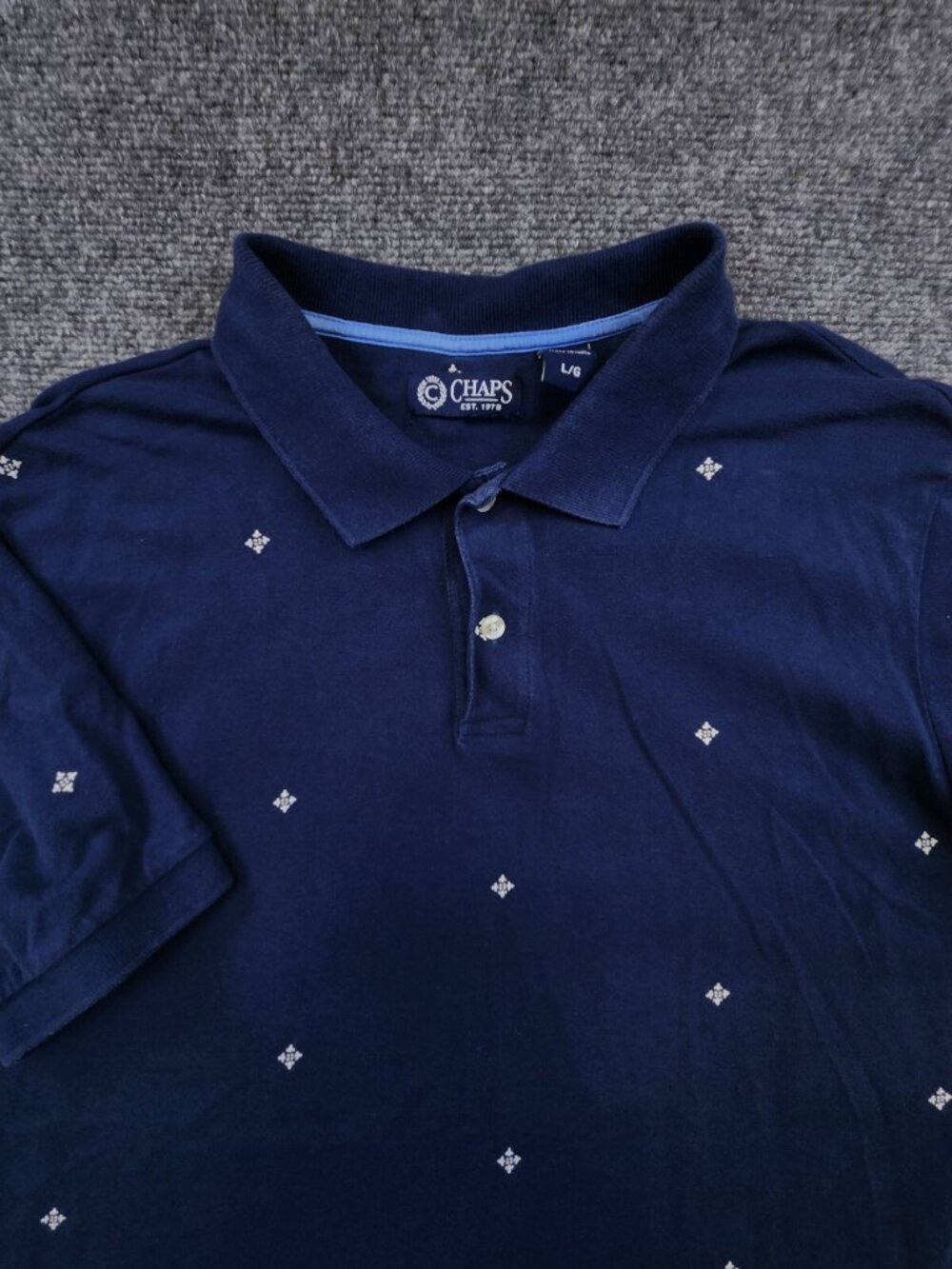 Chaps Men's Large Blue Short Sleeve Polo Shirt Geometric Pattern 100% Cotton